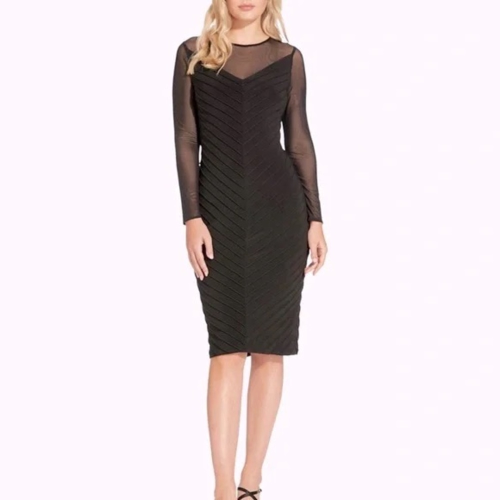 Adrianna Papell Midi Mitered Panel Long Mesh Sleeves Bodycon Black Dress size 10